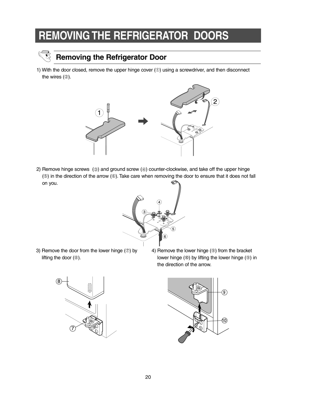 Samsung RS2555, RS2577, RS2533 owner manual Removing the Refrigerator Door, Removing The Refrigerator Doors 