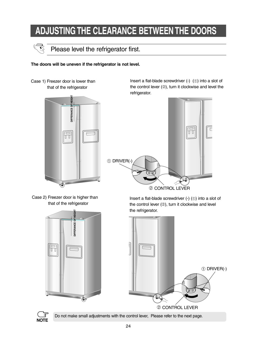 Samsung RS2577 Please level the refrigerator first, Adjusting The Clearance Between The Doors, Differance Of Height 
