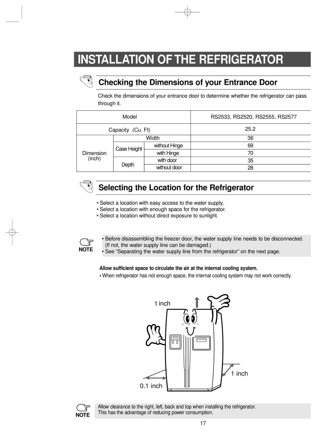 Samsung RS2577SW, RS2577SL Checking the Dimensions of your Entrance Door, Selecting the Location for the Refrigerator 