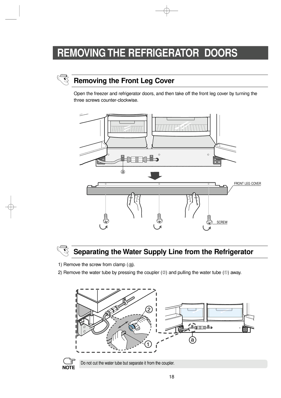 Samsung RS2555BB, RS2577SL, RS2577SW, RS2555SW, RS2533VQ Removing the Refrigerator Doors, Removing the Front Leg Cover 