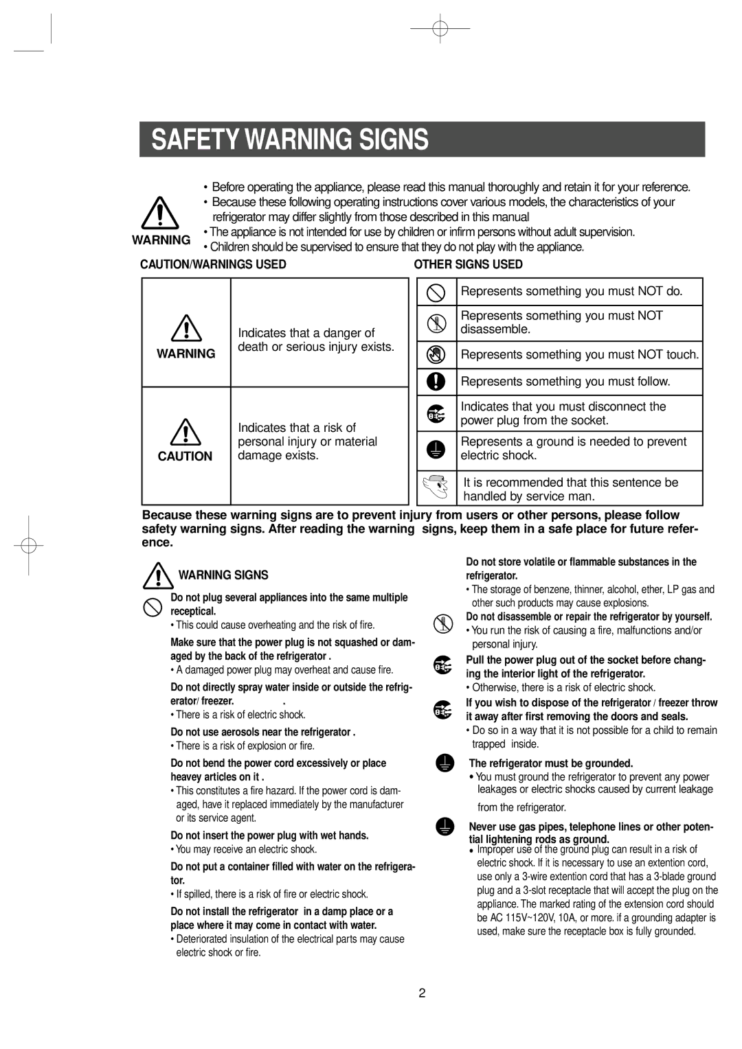 Samsung RS2555BB, RS2577SL, RS2577SW, RS2555SW, RS2533VQ, RS2520SW, RS2555SL, RS2577BB Safety Warning Signs, Other Signs Used 