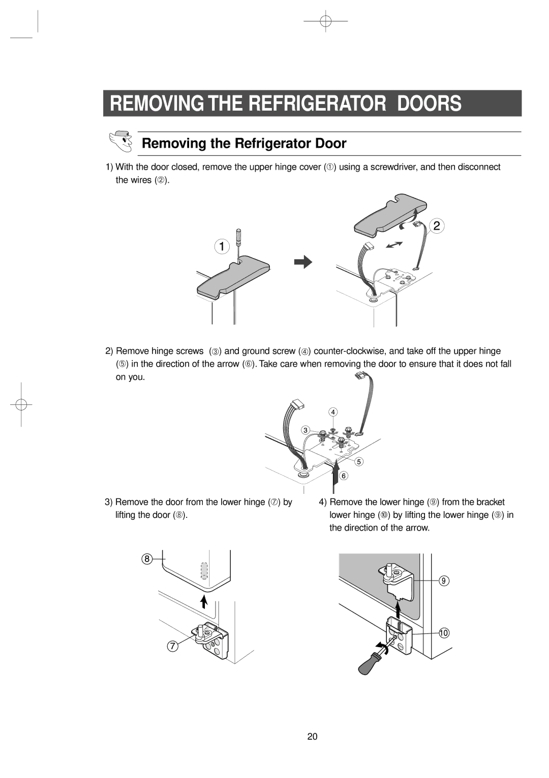 Samsung RS2533VQ, RS2577SL, RS2577SW, RS2555BB, RS2555SW, RS2520SW, RS2555SL, RS2577BB owner manual Removing the Refrigerator Door 