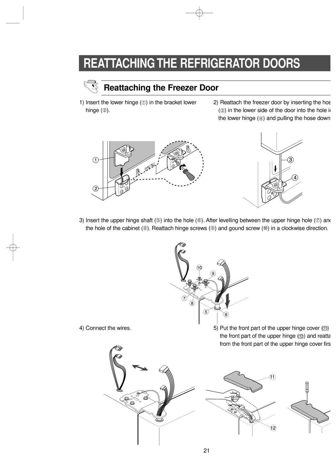 Samsung RS2520SW, RS2577SL, RS2577SW, RS2555BB, RS2555SW Reattaching the Refrigerator Doors, Reattaching the Freezer Door 