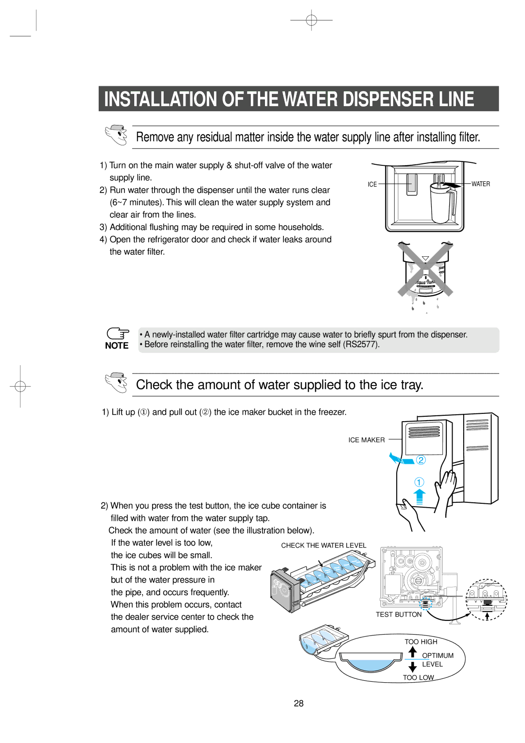 Samsung RS2533VQ, RS2577SL, RS2577SW, RS2555BB, RS2555SW, RS2520SW, RS2555SL, RS2577BB Installation of the Water Dispenser Line 