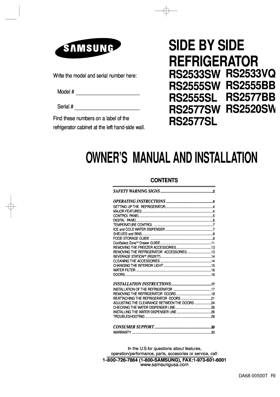 Samsung RS2577SW owner manual Write the model and serial number here Model # Serial #, Contents, Side By Side Refrigerator 