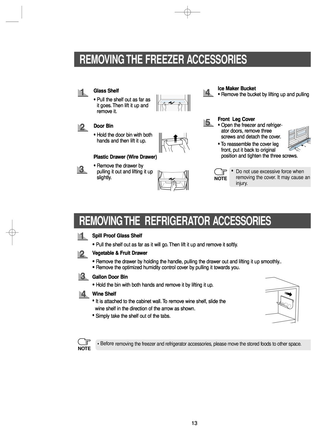 Samsung RS2520SW Removing The Freezer Accessories, Glass Shelf, Door Bin, Plastic Drawer Wire Drawer, Ice Maker Bucket 