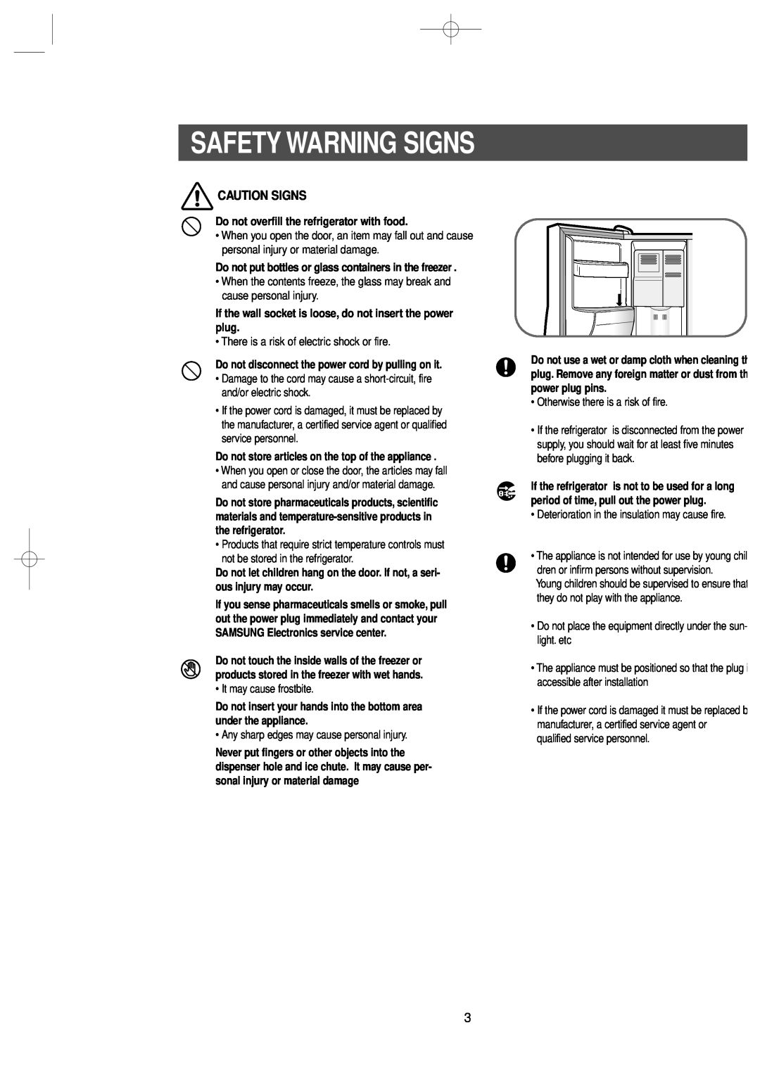 Samsung RS2555SW, RS2577SL, RS2577SW Caution Signs, Safety Warning Signs, Do not overfill the refrigerator with food 