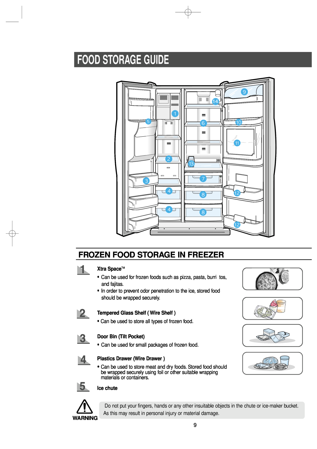 Samsung RS2577SW Food Storage Guide, Frozen Food Storage In Freezer, Xtra SpaceTM, Tempered Glass Shelf Wire Shelf 