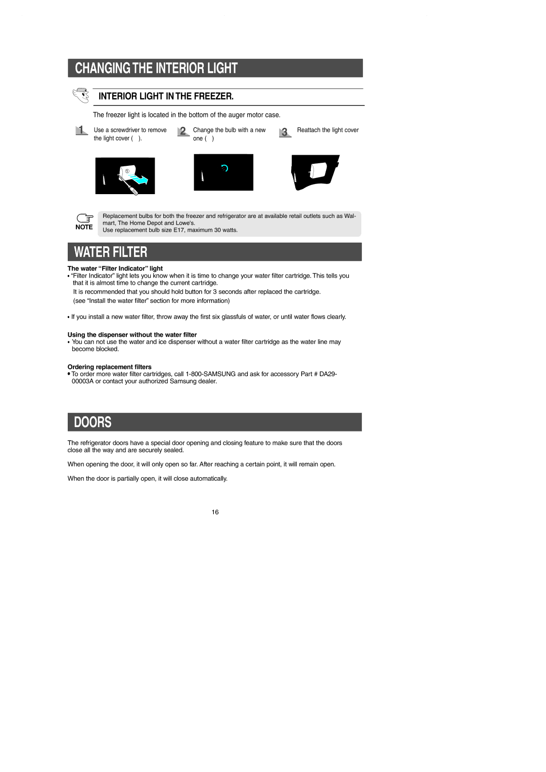 Samsung RS257BAWW owner manual Doors, Water Filter Indicator light, Using the dispenser without the water filter 