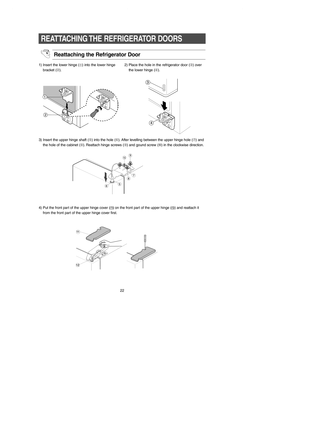 Samsung RS257BAWW owner manual Reattaching the Refrigerator Door 