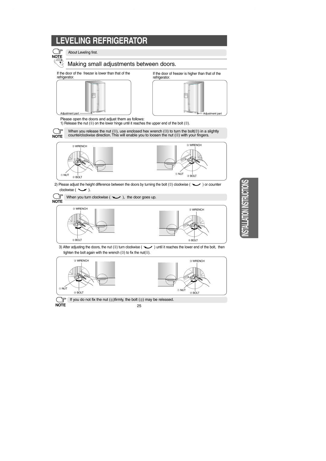 Samsung RS257BAWW owner manual Leveling Refrigerator, Making small adjustments between doors 