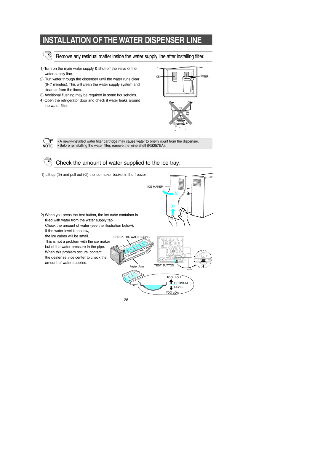 Samsung RS257BAWW owner manual Installation of the Water Dispenser Line, Check the amount of water supplied to the ice tray 