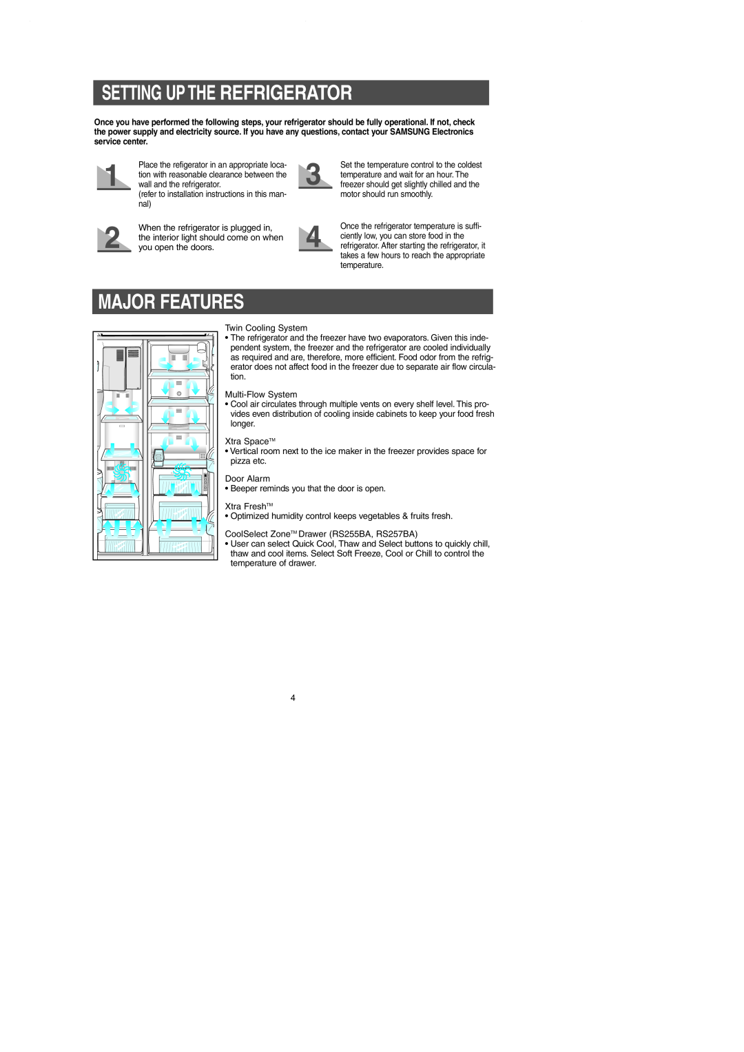 Samsung RS257BAWW owner manual Setting Up The Refrigerator, Major Features 