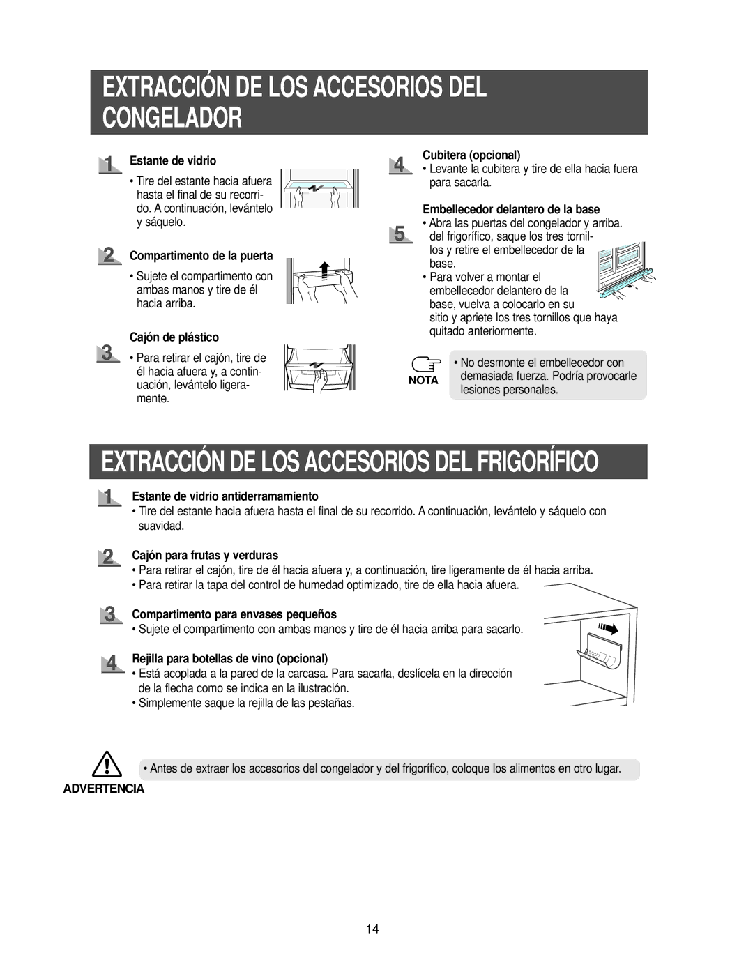 Samsung RS25KCSL1/XES manual Estante de vidrio, Cajón de plástico, Cubitera opcional, Embellecedor delantero de la base 