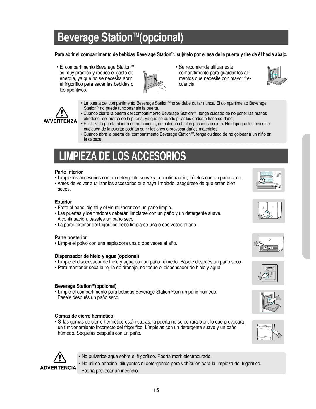 Samsung RS25FCSW1/XES, RS25KCSW1/XES, RS25KCSL1/XES manual Limpieza DE LOS Accesorios, Avvertenza 