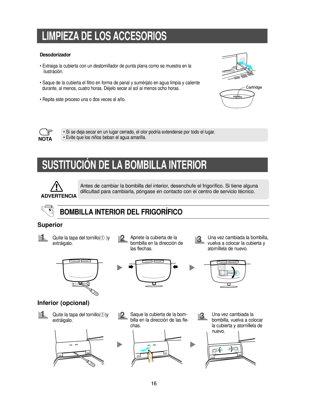 Samsung RS25KCSW1/XES manual Sustitución DE LA Bombilla Interior, Bombilla Interior DEL Frigorífico, Desodorizador, Nota 