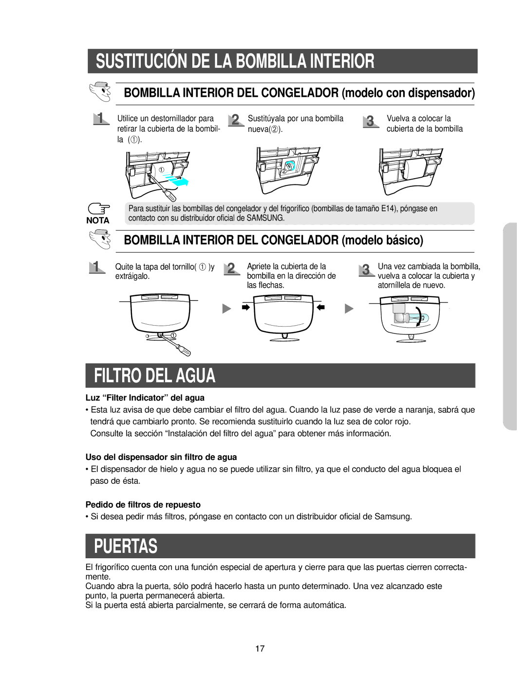 Samsung RS25KCSL1/XES, RS25FCSW1/XES manual Filtro DEL Agua, Puertas, Bombilla Interior DEL Congelador modelo básico 