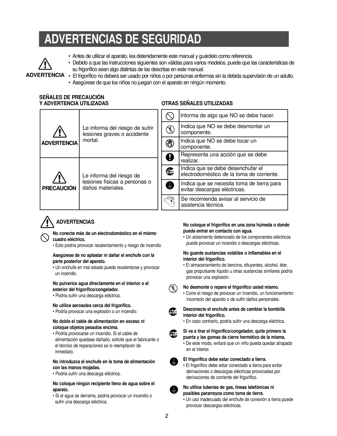 Samsung RS25KCSL1/XES manual Advertencias DE Seguridad, Señales DE Precaución Advertencia Utilizadas, Advertencia mortal 