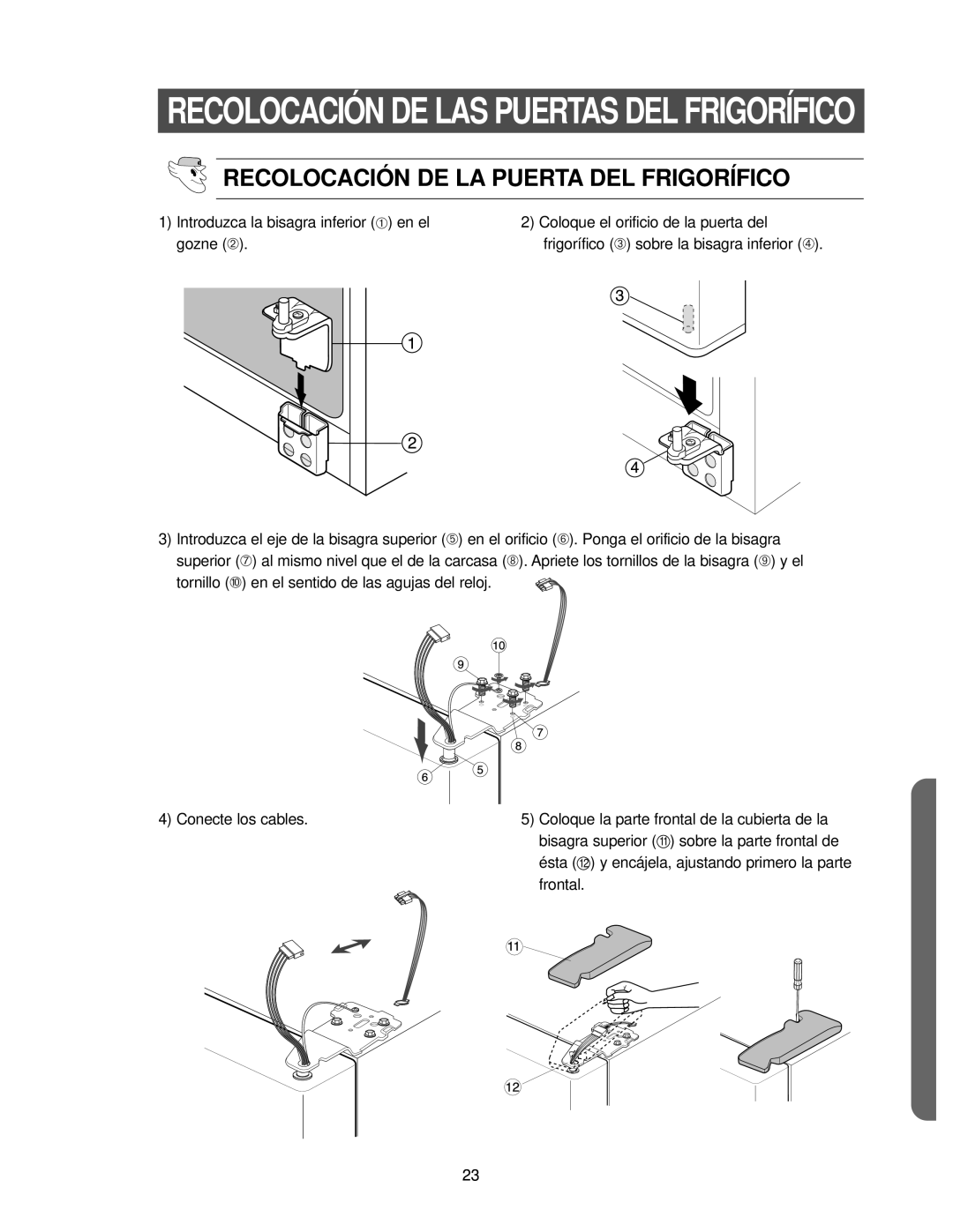 Samsung RS25KCSL1/XES manual Recolocación DE LAS Puertas DEL Frigorífico, Recolocación DE LA Puerta DEL Frigorífico 