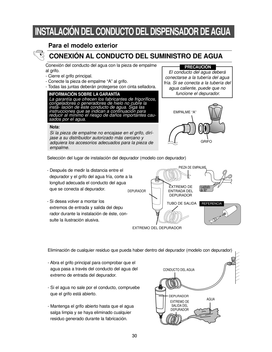 Samsung RS25FCSW1/XES manual Instalación DEL Conducto DEL Dispensador DE Agua, Conexión AL Conducto DEL Suministro DE Agua 