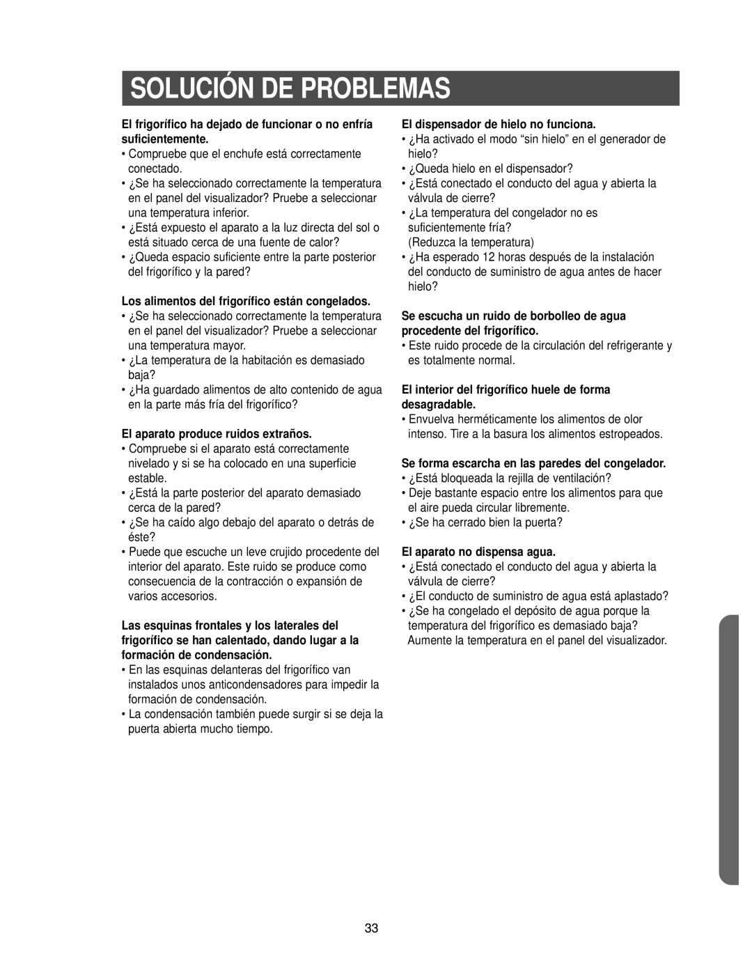 Samsung RS25FCSW1/XES, RS25KCSW1/XES, RS25KCSL1/XES manual Solución DE Problemas 