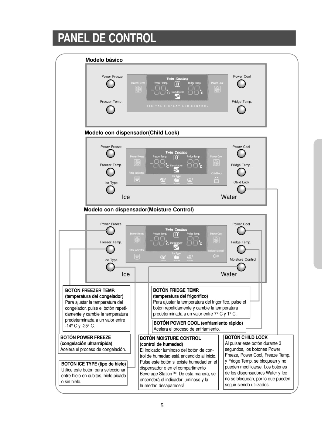 Samsung RS25KCSL1/XES, RS25FCSW1/XES, RS25KCSW1/XES manual Panel DE Control, Botón Power Cool enfriamiento rápido 