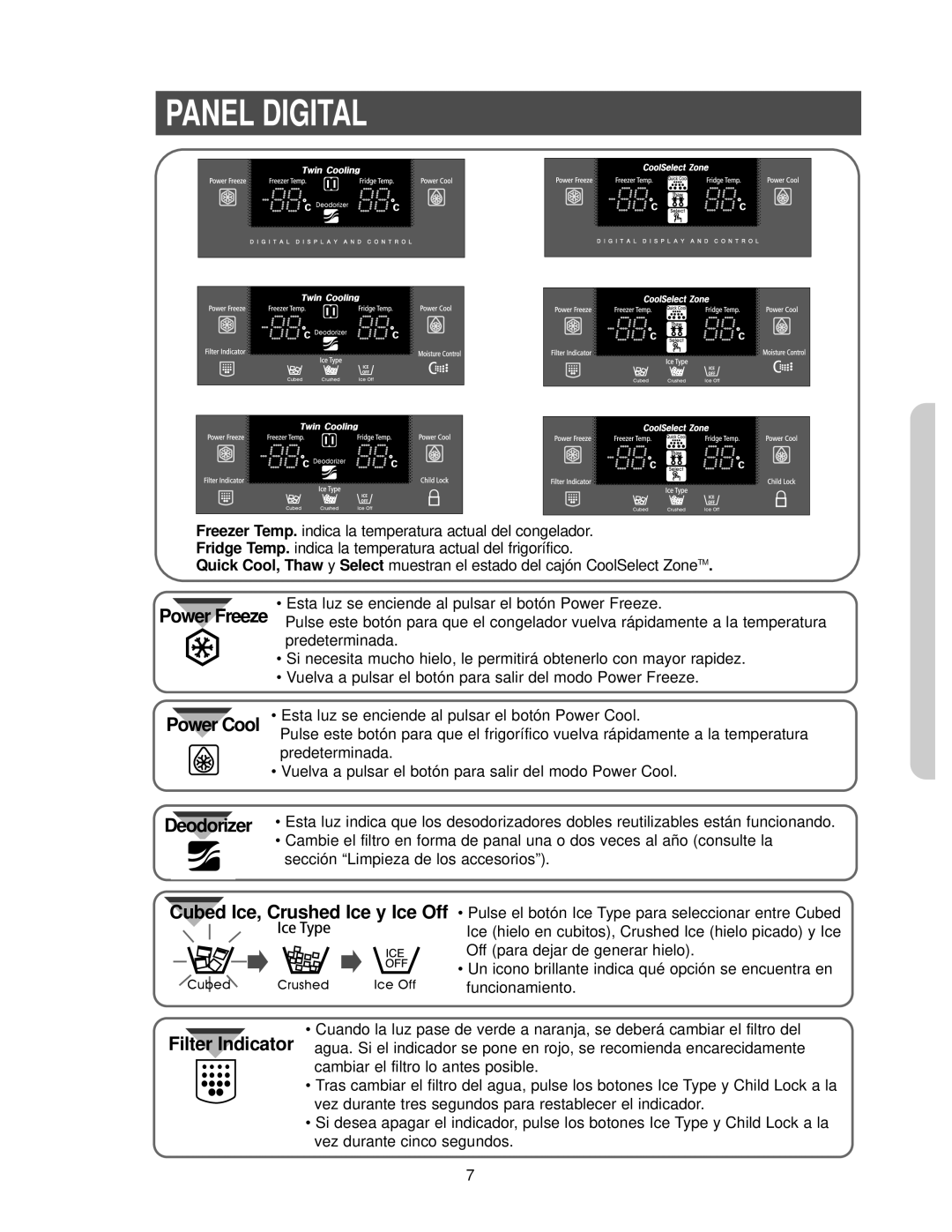 Samsung RS25KCSW1/XES, RS25FCSW1/XES, RS25KCSL1/XES manual Panel Digital, Power Freeze 