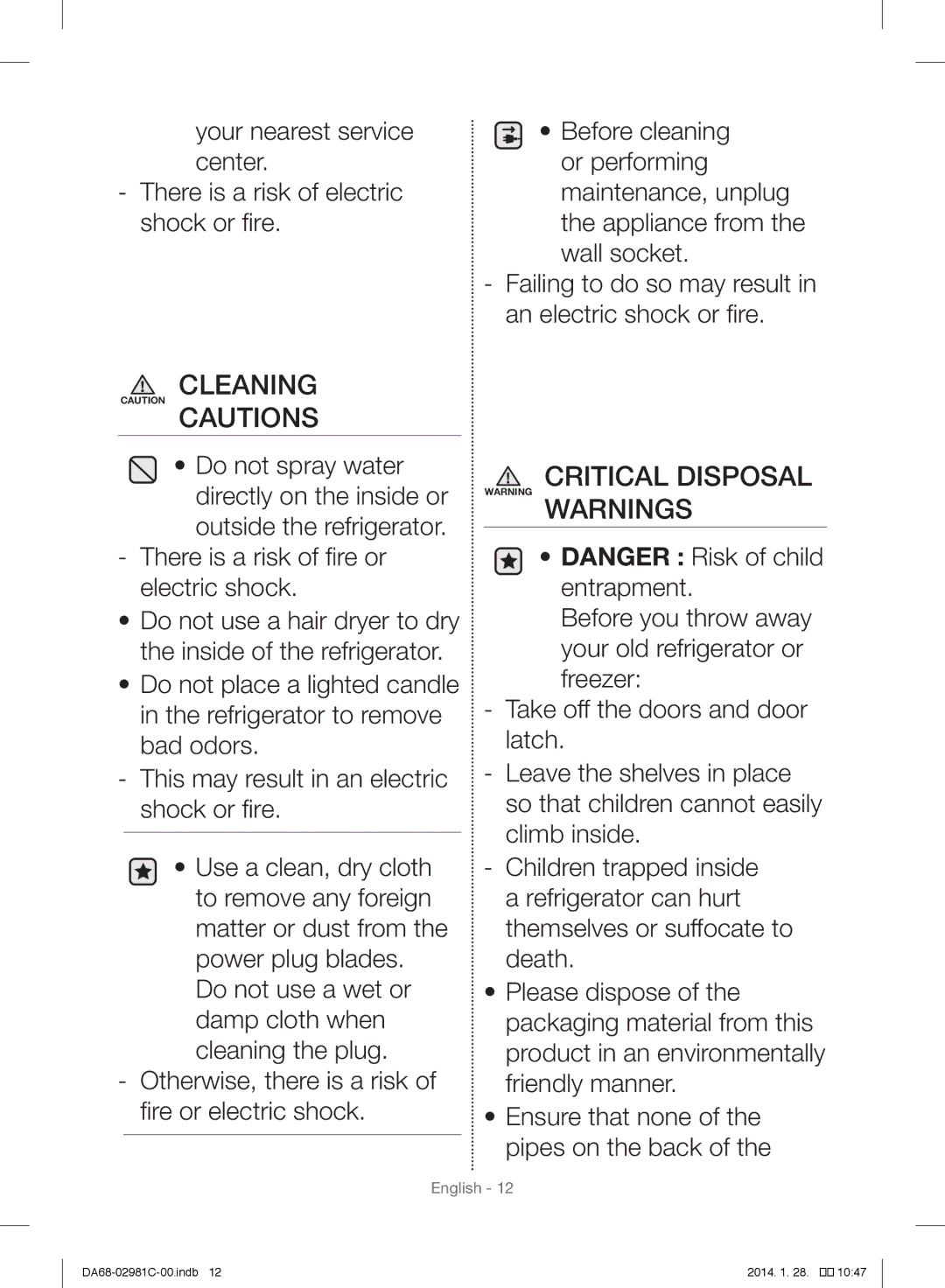 Samsung RS25H5223SL/ZA manual Cleaning 