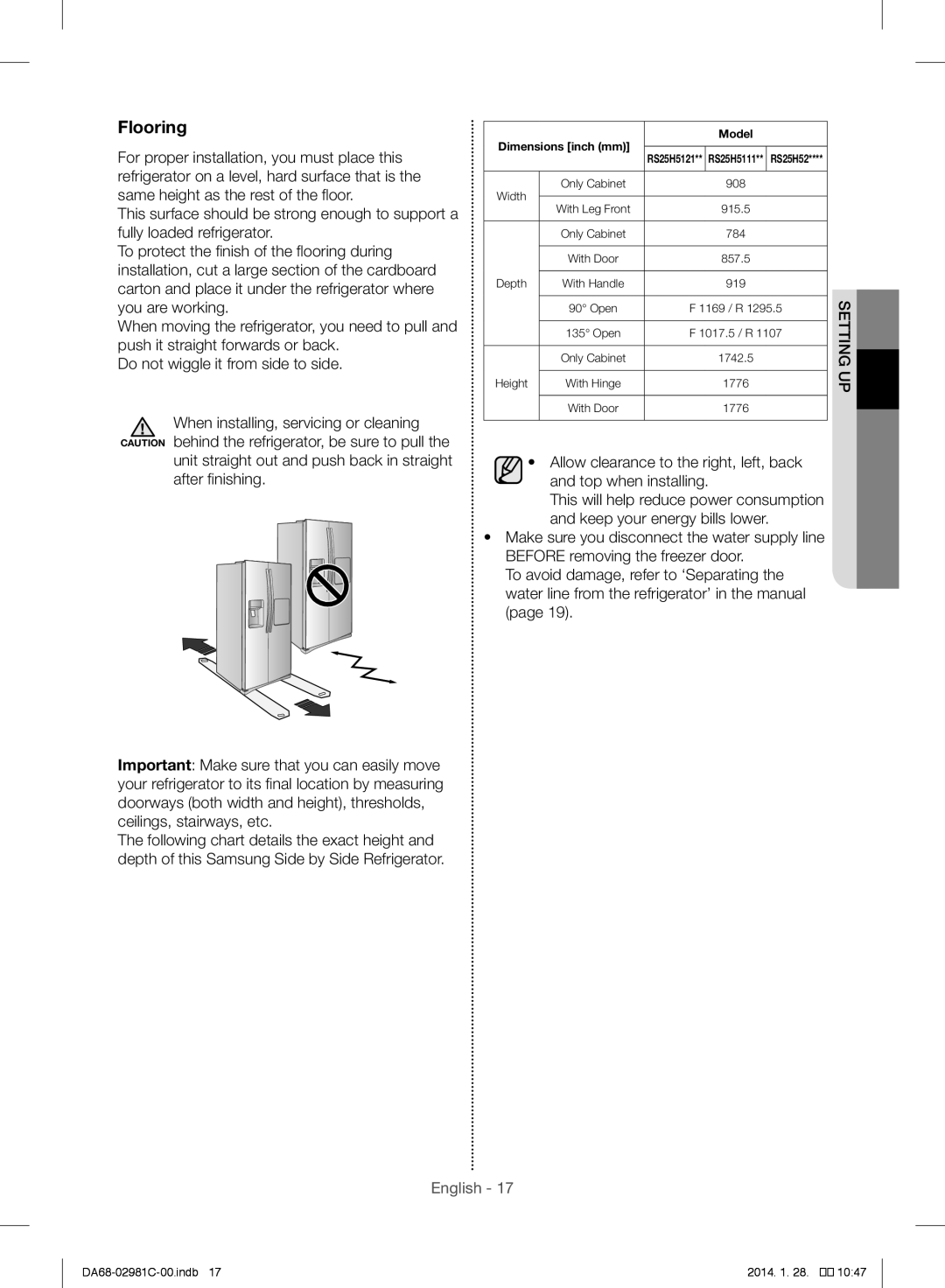 Samsung RS25H5223SL/ZA manual Flooring, Dimensions inch mm Model 