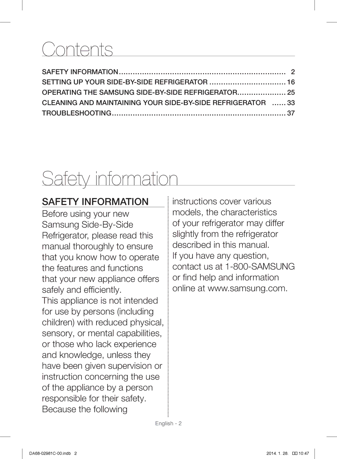 Samsung RS25H5223SL/ZA manual Contents, Safety information 