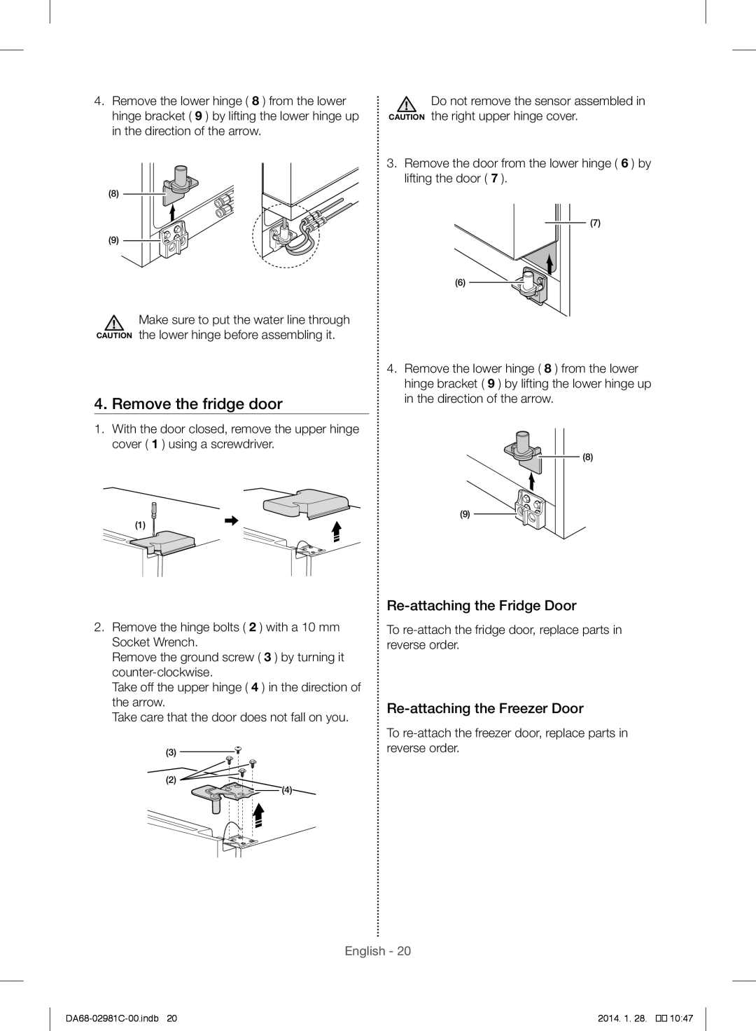 Samsung RS25H5223SL/ZA manual Remove the fridge door, Re-attaching the Fridge Door, Re-attaching the Freezer Door 