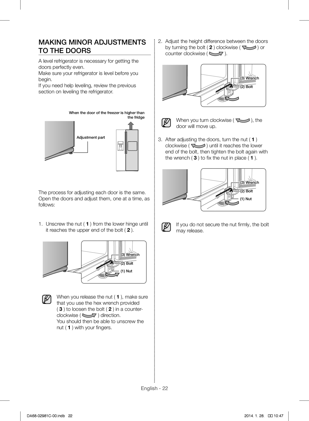 Samsung RS25H5223SL/ZA Making Minor Adjustments to the Doors, If you do not secure the nut firmly, the bolt may release 