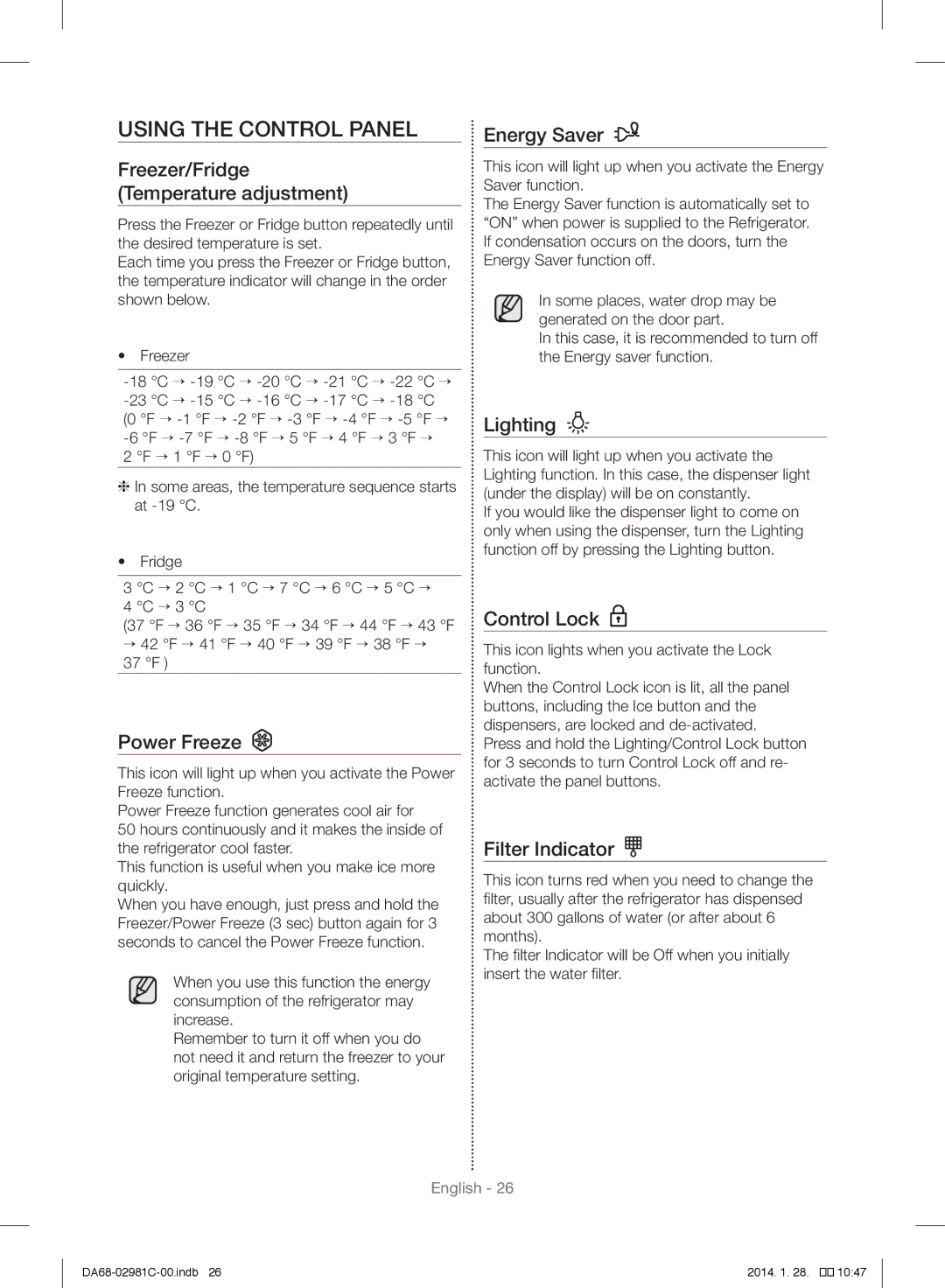 Samsung RS25H5223SL/ZA manual Using the Control Panel 