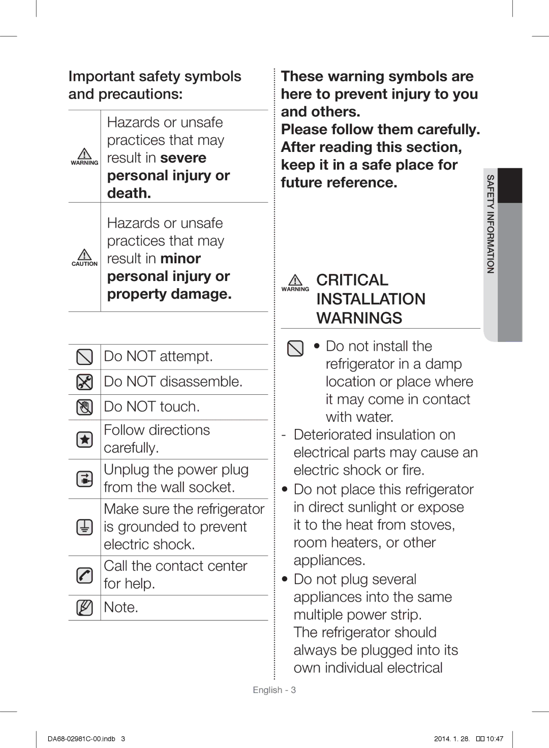 Samsung RS25H5223SL/ZA manual Result in minor, Informationsafety 