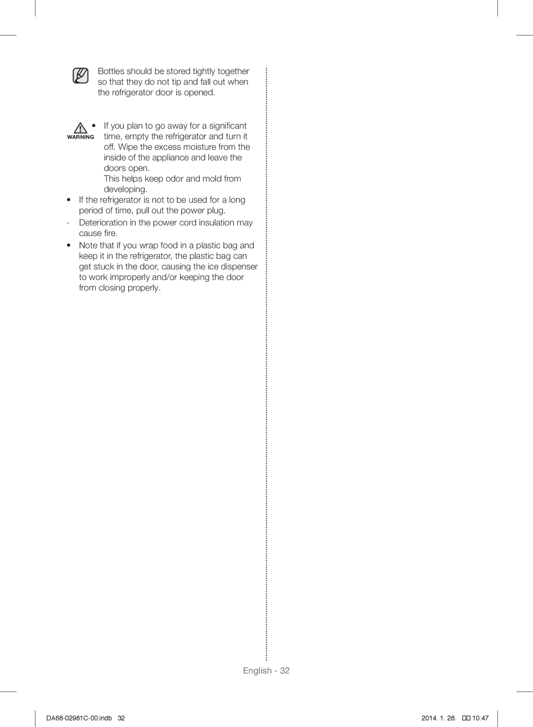 Samsung RS25H5223SL/ZA manual Deterioration in the power cord insulation may cause fire 