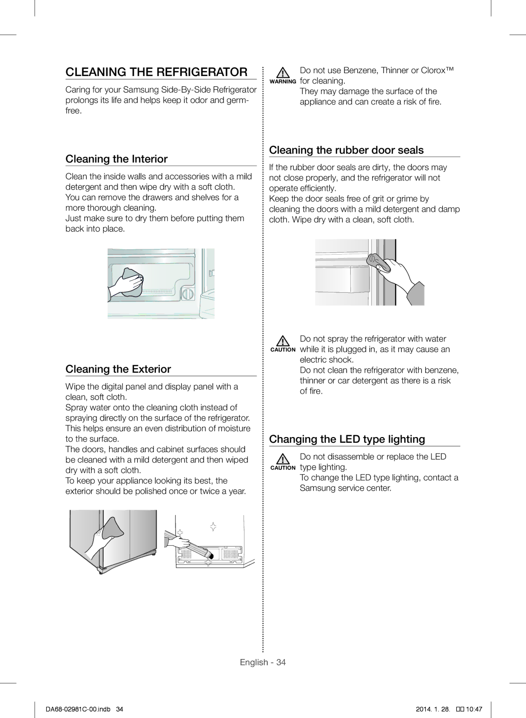 Samsung RS25H5223SL/ZA manual Cleaning the Refrigerator, Cleaning the Interior, Cleaning the Exterior 