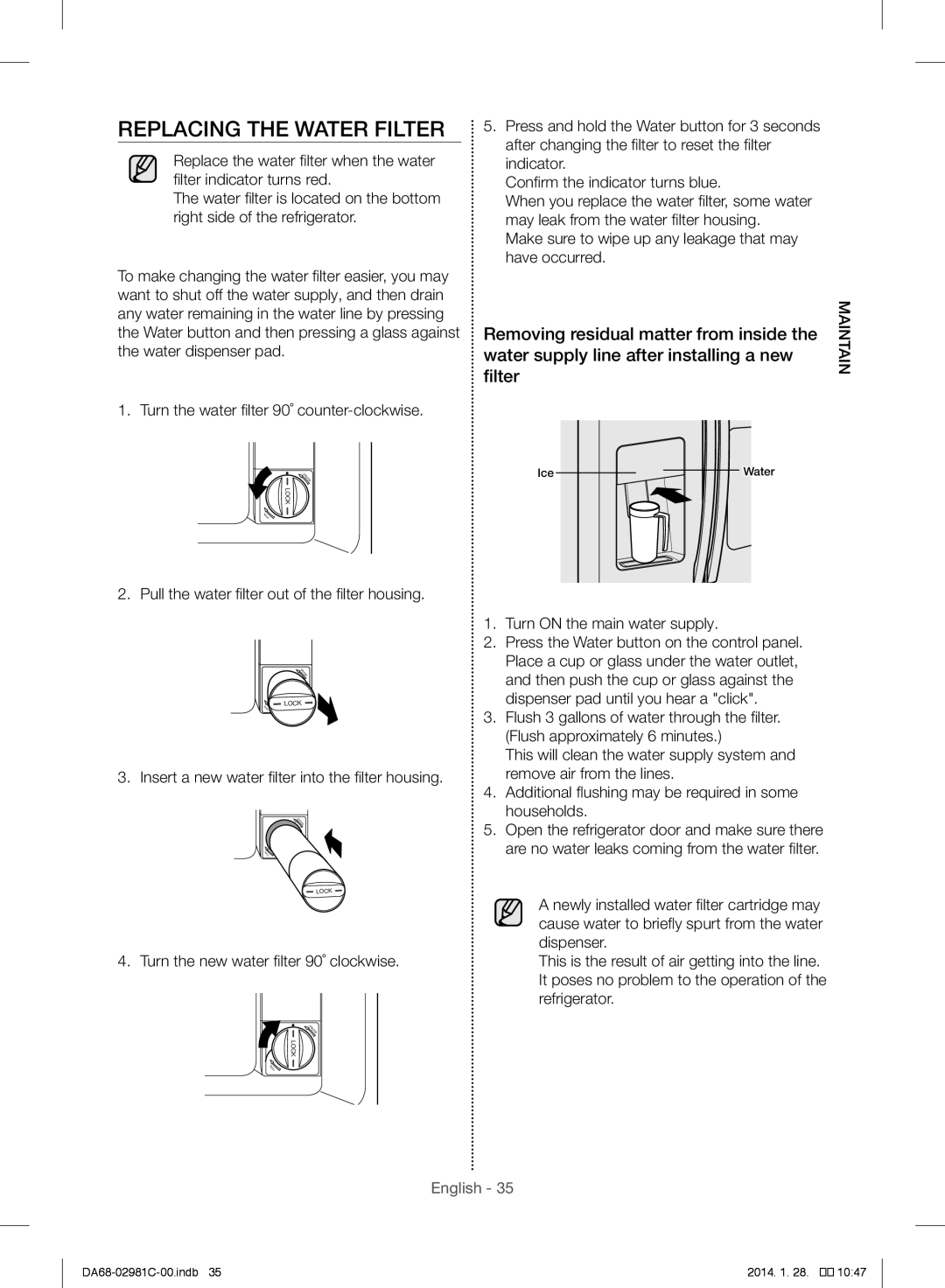 Samsung RS25H5223SL/ZA manual Replacing the Water Filter 