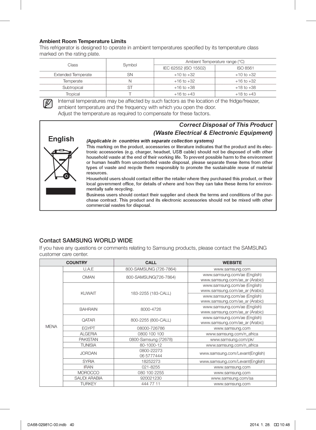 Samsung RS25H5223SL/ZA manual English, Contact Samsung World Wide, Ambient Room Temperature Limits 