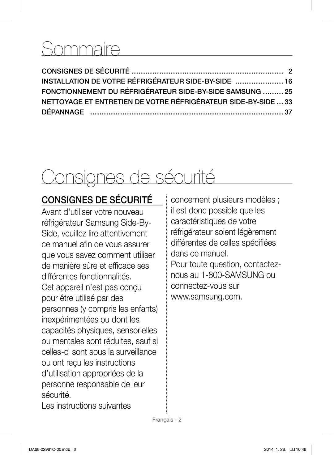 Samsung RS25H5223SL/ZA manual Sommaire, Consignes de sécurité, Les instructions suivantes 