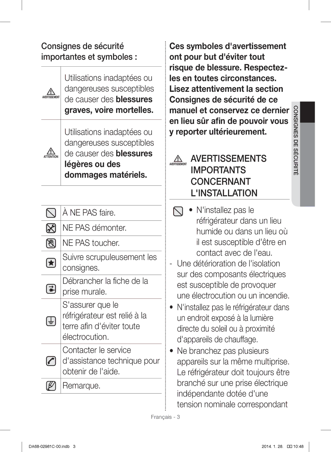 Samsung RS25H5223SL/ZA manual De causer des blessures, Desécurité Consignes 