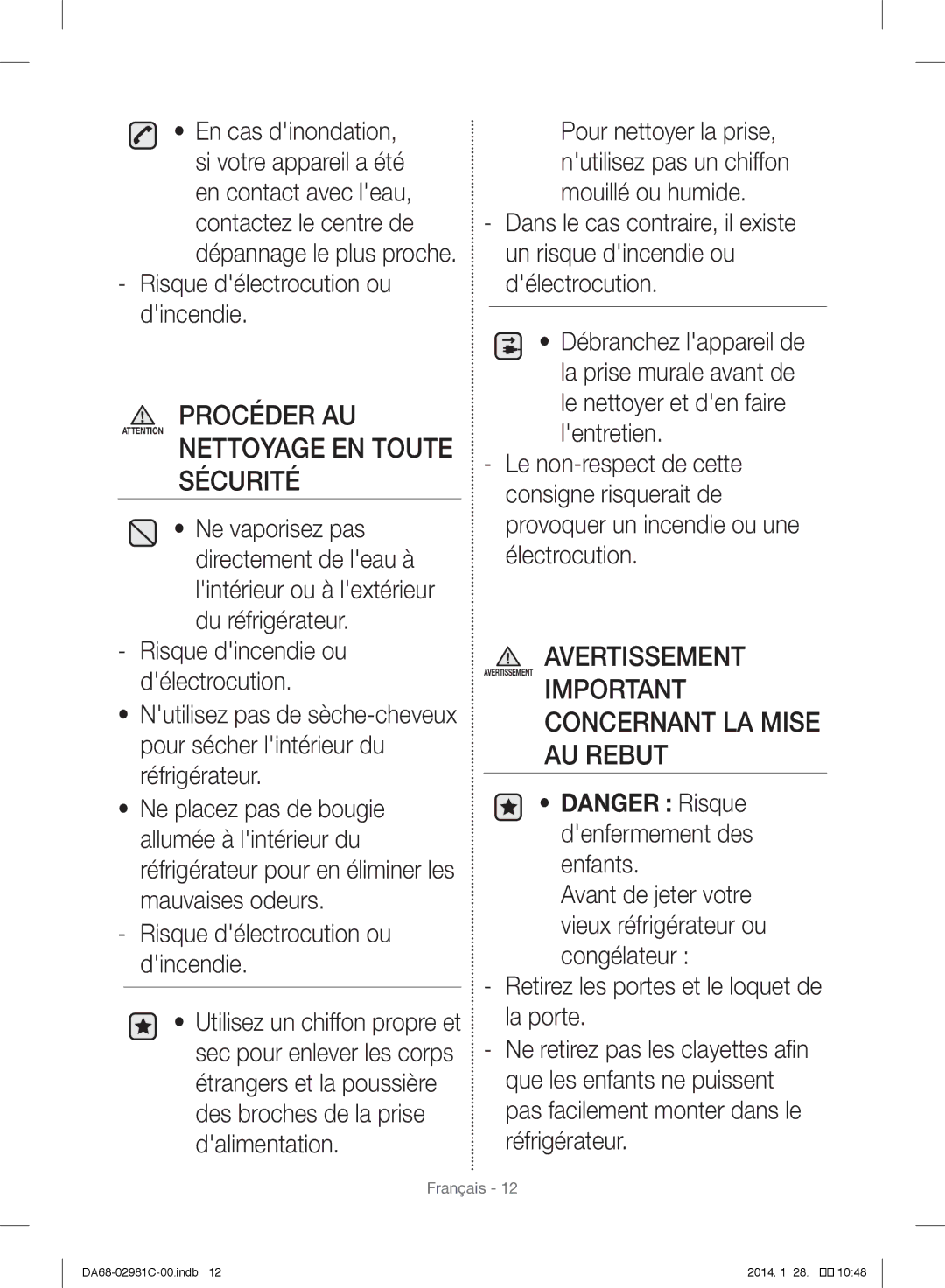 Samsung RS25H5223SL/ZA manual Avertissement 