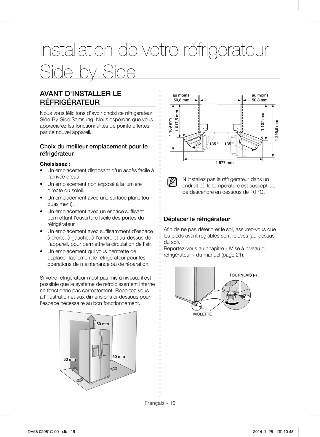 Samsung RS25H5223SL/ZA Installation de votre réfrigérateur Side-by-Side, Avant Dinstaller LE Réfrigérateur, Choisissez 