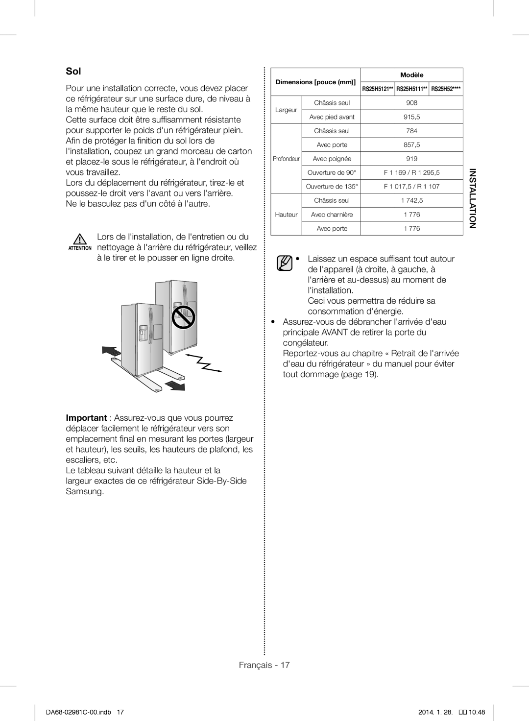 Samsung RS25H5223SL/ZA manual Sol, Dimensions pouce mm Modèle 