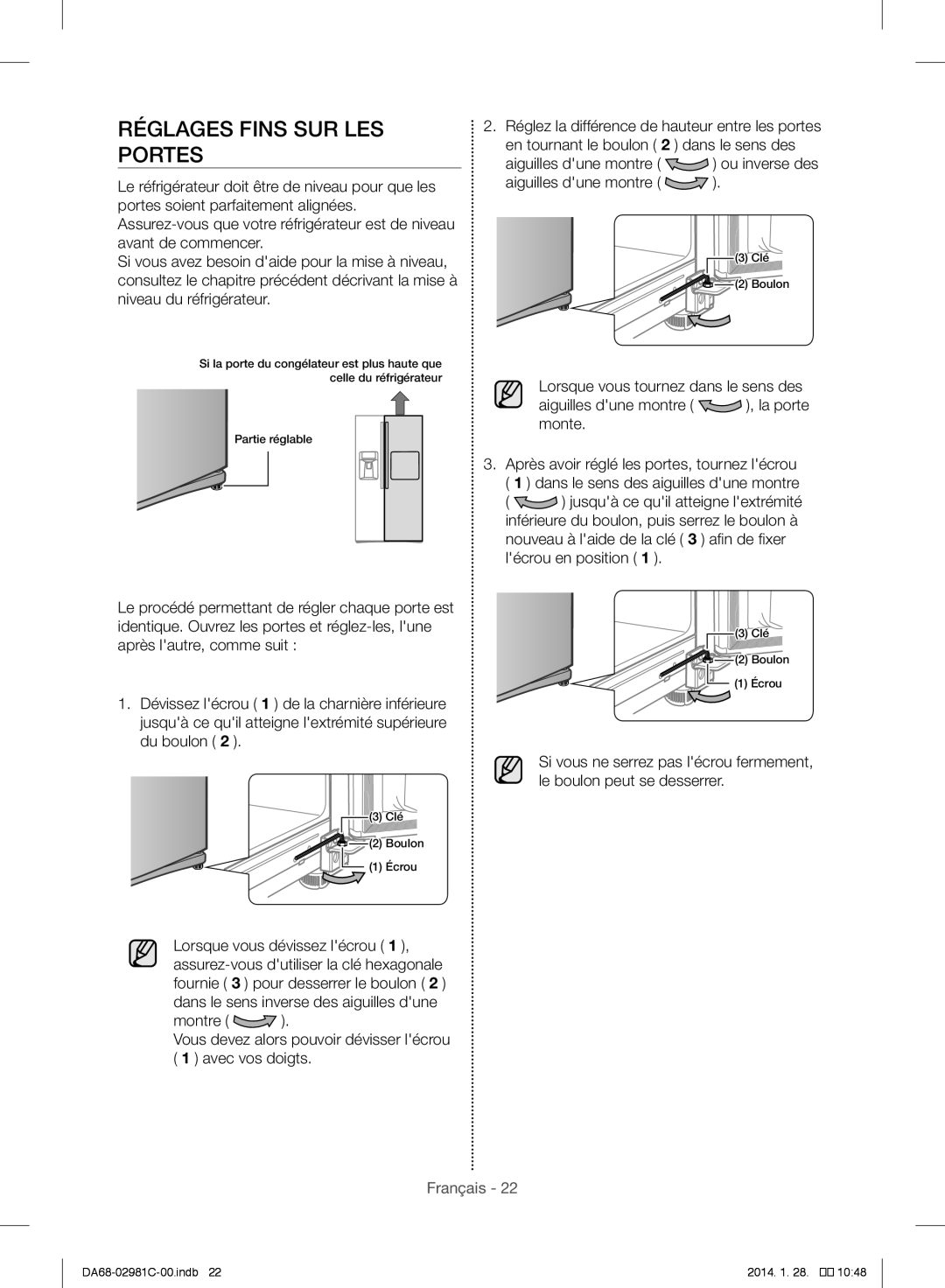 Samsung RS25H5223SL/ZA manual Réglages Fins SUR LES Portes, Aiguilles dune montre ou inverse des 