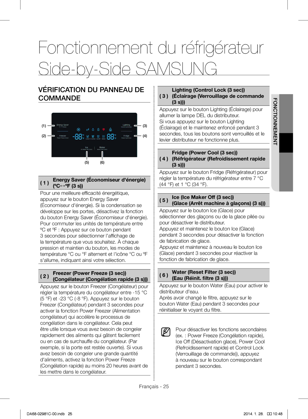 Samsung RS25H5223SL/ZA manual Vérification DU Panneau DE Commande, Energy Saver Économiseur dénergie ºC↔ºF 3 s 