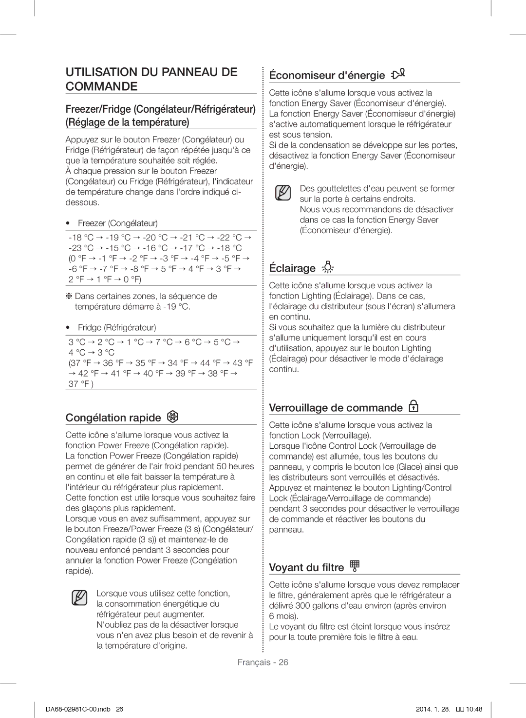 Samsung RS25H5223SL/ZA manual Utilisation DU Panneau DE Commande 