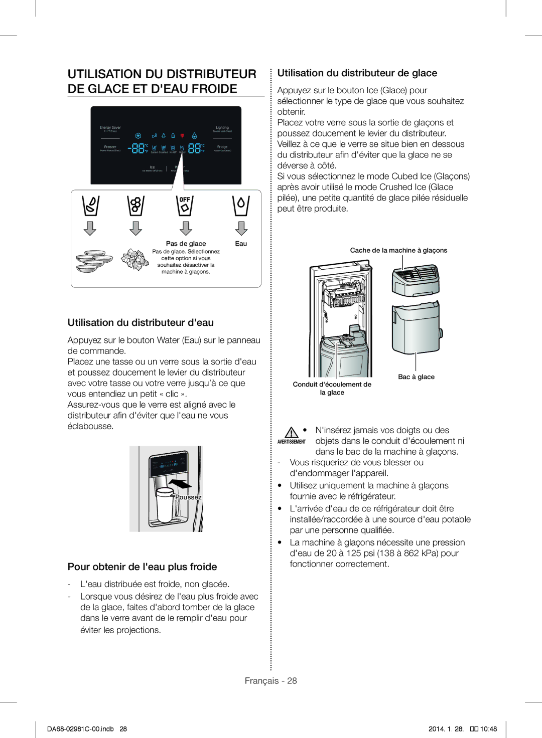 Samsung RS25H5223SL/ZA manual Utilisation DU Distributeur DE Glace ET Deau Froide, Utilisation du distributeur de glace 