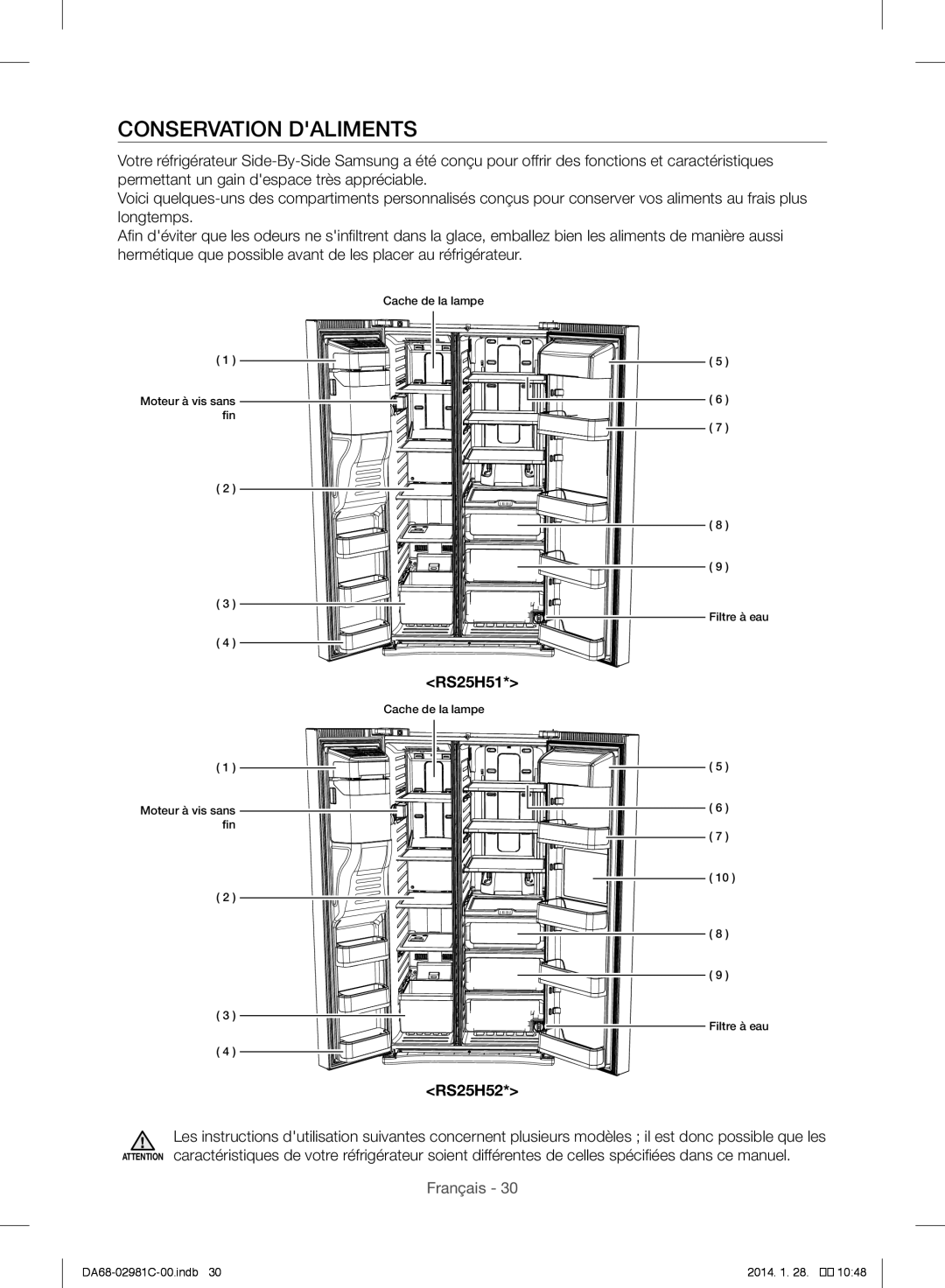 Samsung RS25H5223SL/ZA manual Conservation Daliments, RS25H51 