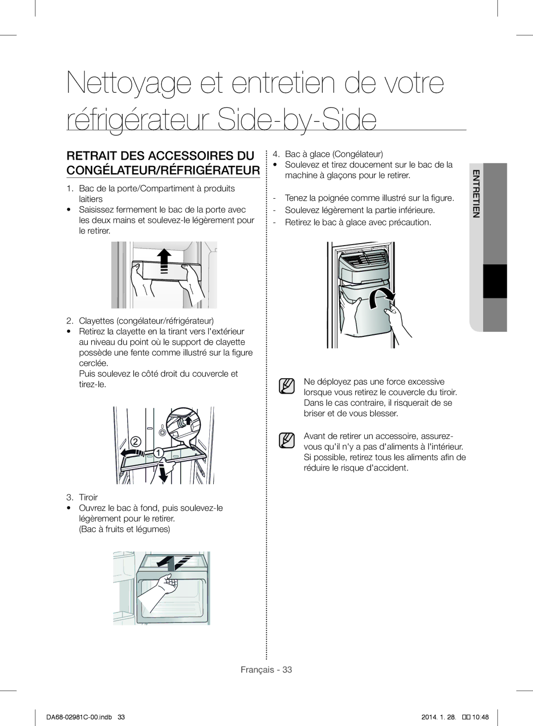 Samsung RS25H5223SL/ZA manual Retrait DES Accessoires DU, Congélateur/Réfrigérateur 