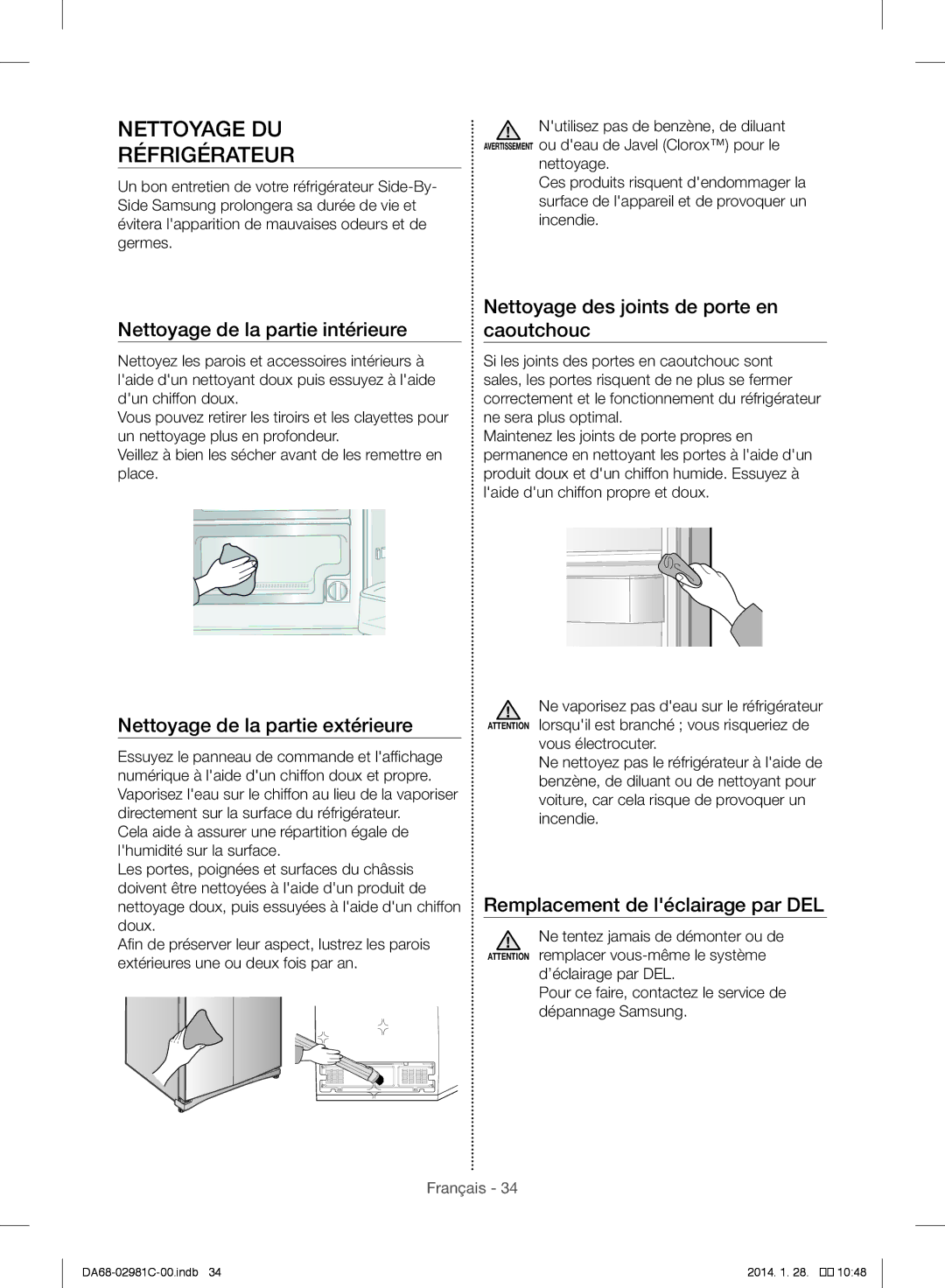 Samsung RS25H5223SL/ZA Nettoyage DU Réfrigérateur, Nettoyage de la partie intérieure, Nettoyage de la partie extérieure 